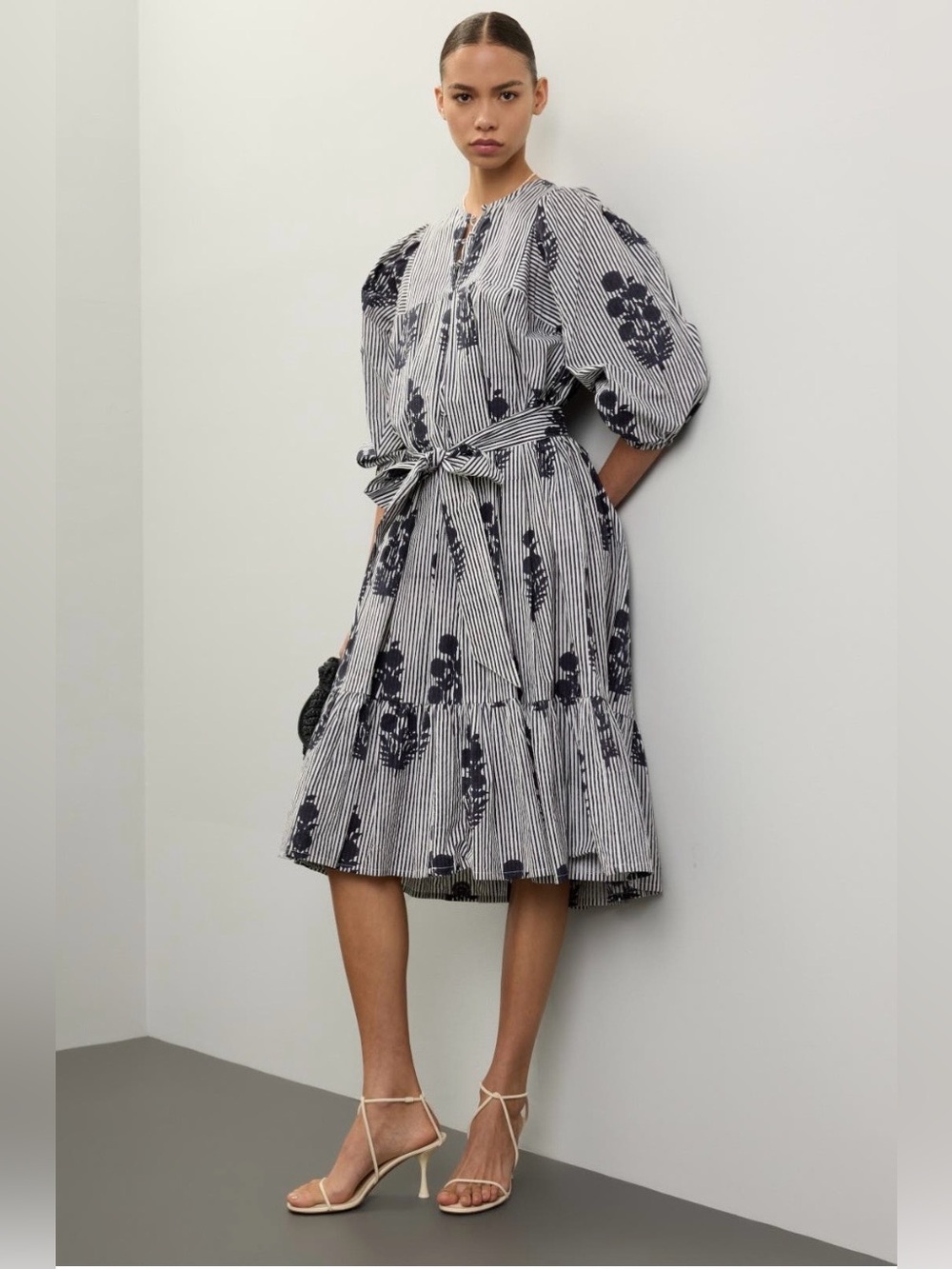 SZ Blockprints~Aaron Navy Floral Tie-Waist Midi Dress~Size Small~$358~
